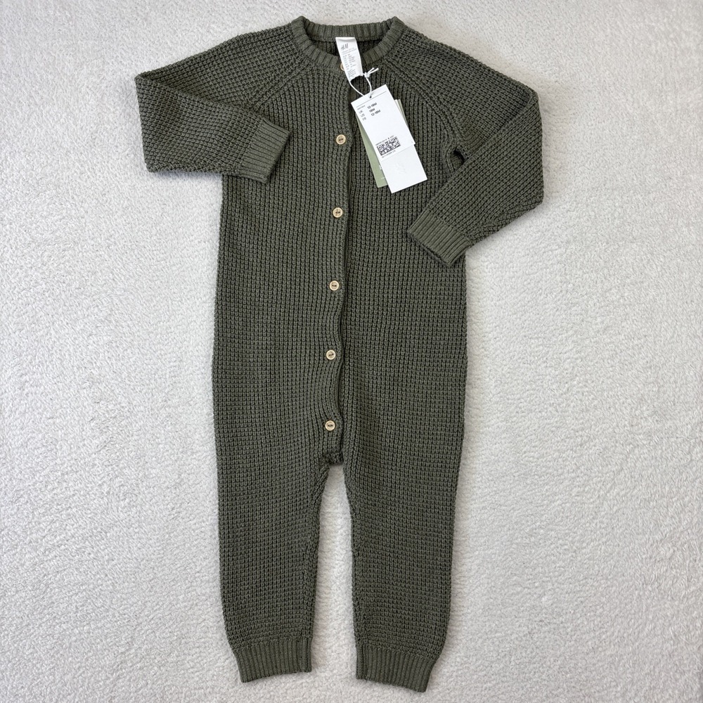 NEW H&M Cotton Knit Baby Jumpsuit 18 Months Green One-Piece Button Up Organic